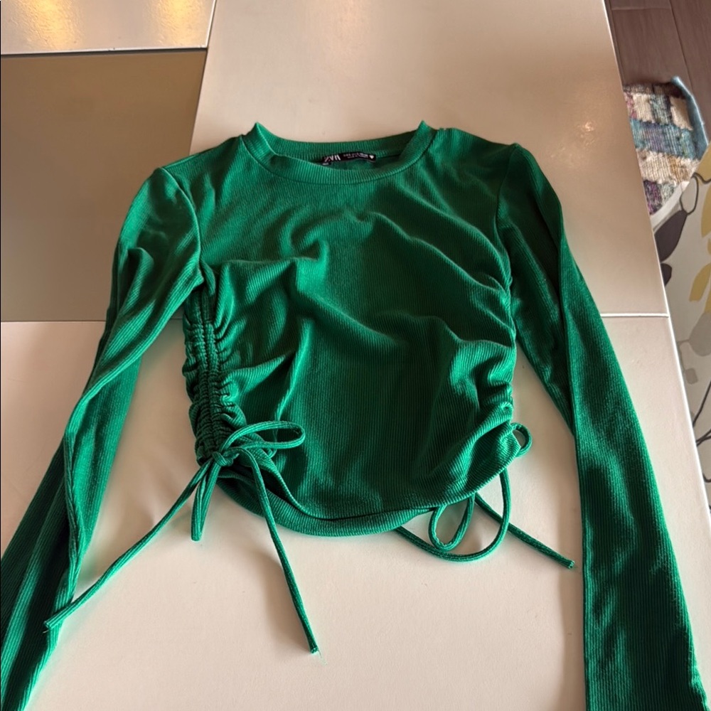 Zara Green Ruched Long Sleeve Crop Blouse